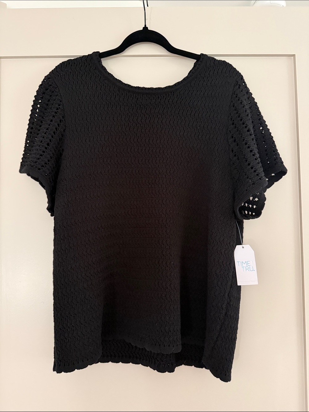 Time and Tru Black Crochet Short Sleeve Tee Top
